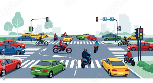 Busy City Street Intersection Traffic.