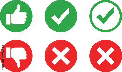 Green check mark and red cross icons with thumbs up and thumbs down symbols in circles for web design feedback and voting systems.