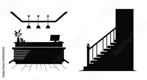 Minimalist illustration of a reception desk and staircase in black