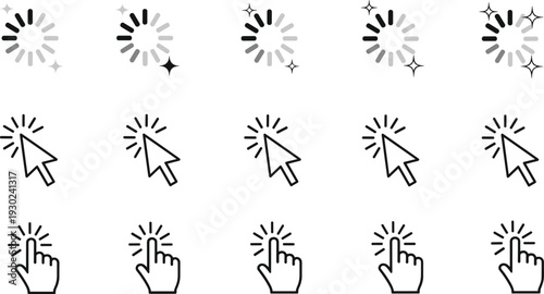 Loading Spinner and Click Cursor Icons Set, Web Interface Interaction Vector Illustration Collection