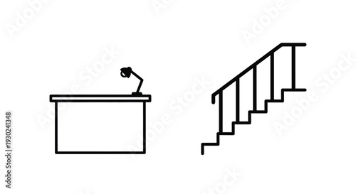 Minimalist line drawing of a desk lamp staircase and railing