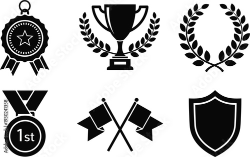Set of black award icons including trophy cup laurel wreath first place medal and winner shield for sports competitions and business achievements.