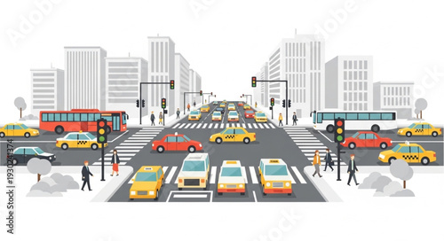 Busy City Street Intersection Scene.