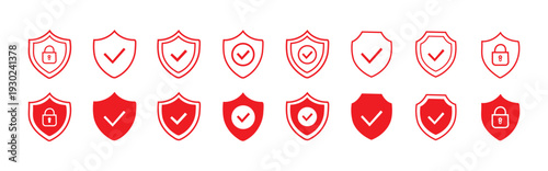 Security shield icon set. Shield check mark symbols. Protection and padlock logotypes. Vector illustration.