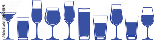 Set of blue glassware silhouettes including wine glasses champagne flutes martini glass and tumblers for restaurant menus bar lists and party invitations.