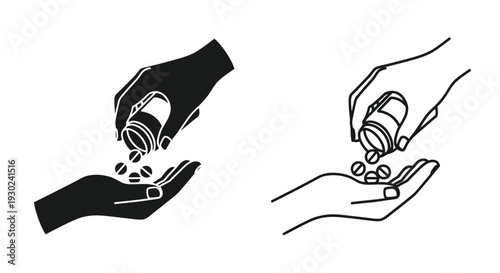 Hands exchanging pills a black solid and a white outline illustration