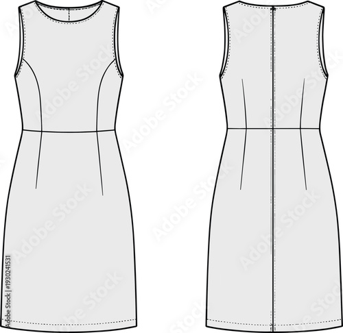 Women’s sleeveless dress fashion illustration showing front and back views with fitted bodice, princess seams, round neckline, A-line skirt, garment construction, apparel design vector template