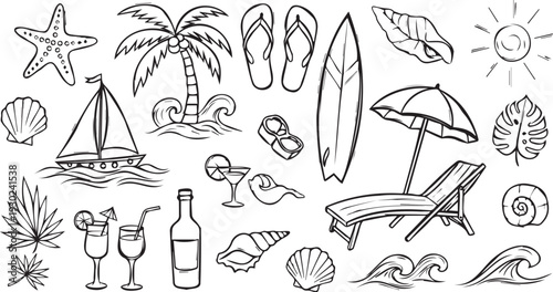 Collection of black and white illustrations of beach elements including seashells, palm trees, and beach accessories like sunglasses and a deckchair.
