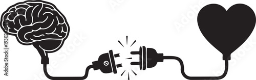 Human brain and heart connected by electrical cords with disconnected plug symbolizing disrupted emotional intelligence and balance
