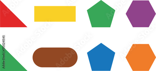 Set of colorful geometric shapes including triangles rectangles pentagons and hexagons in flat vector style for educational materials and graphic design projects.