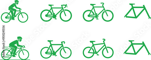 Set of green bicycle icons including road bikes mountain bikes and cyclists in motion for eco-friendly transportation and outdoor fitness branding.