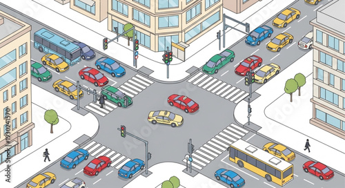 Busy City Street Intersection Scene.