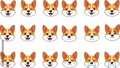 Cute Corgi Dog Emoji Faces Set, Funny Puppy Expressions Cartoon Vector Illustration Collection
