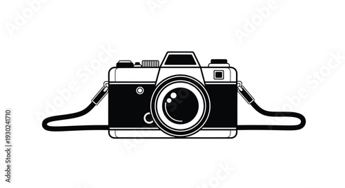 A black and white illustration of a vintage film camera with a strap