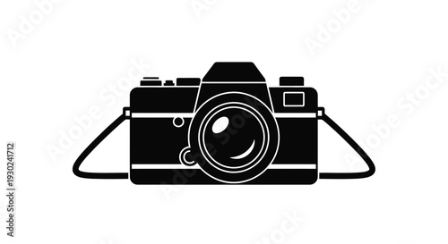 Simple black and white illustration of a vintage film camera with strap