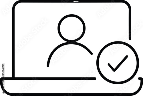Line icon of a laptop displaying a user profile with a verification checkmark, symbolizing successful login or account confirmation