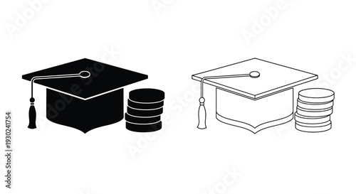 Graduation cap and stack of coins a black and white illustration