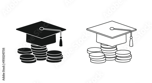 Graduation cap atop a stack of coins depicted in black and white