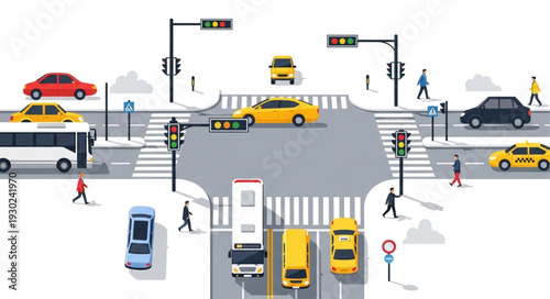 Busy City Street Intersection Scene.