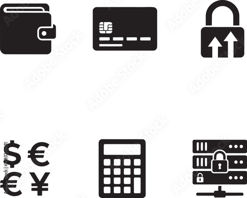 Financial Security, Cryptocurrency Hardware Wallet and Secure Payment Silhouette Icon Set Vector Illustration