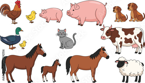 Farm Animals Cartoon Set with Cow Pig Horse Sheep Chicken and Dog, Cute Barnyard Vector Illustration