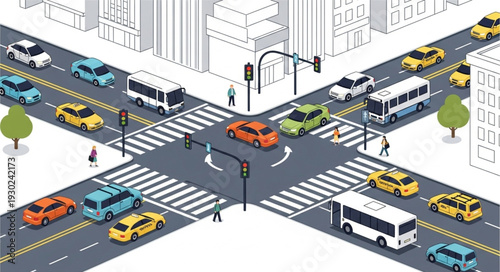 Busy City Street Intersection Scene.