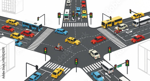 Busy City Street Intersection Scene.