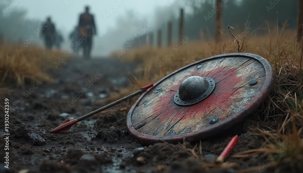 Naklejka premium Abandoned wooden shield lies on muddy ground near a dirt path. A broken arrow rests beside it. Figures on horseback ride through misty background. Signs of combat and struggle are visible.
