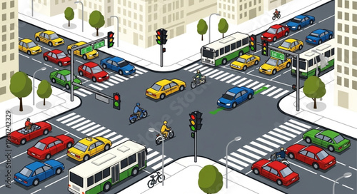 Busy City Street Intersection Scene.