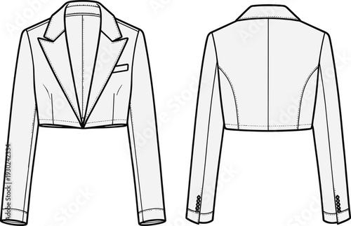 Women’s cropped blazer jacket fashion illustration showing front and back views with notched lapel, welt pocket, princess seams, sleeve cuffs, button detailing, garment construction vector template
