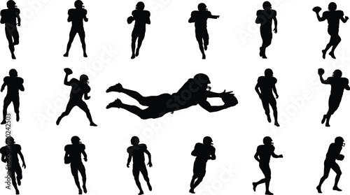 American football player silhouettes set featuring athletes running, passing, catching, and diving in action poses isolated on white background for sports.