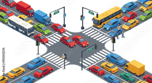 Busy City Street Intersection Scene.