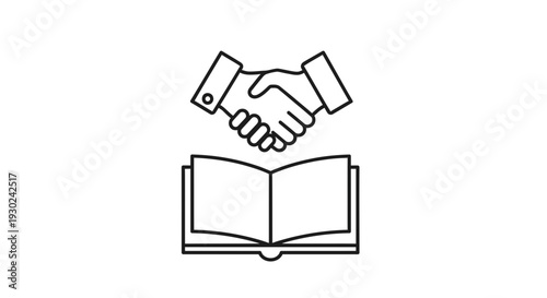 Handshake over open book symbolizing agreement, partnership, and knowledge sharing