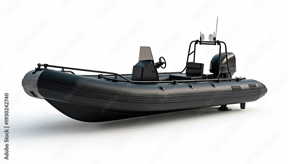 Naklejka premium Black rigid inflatable boat with motor rests on white studio backdrop. Nautical watercraft offers speed and adventure for marine travel and recreation.