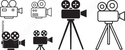 Vintage Film Camera Vector Icons in Line and Solid Style