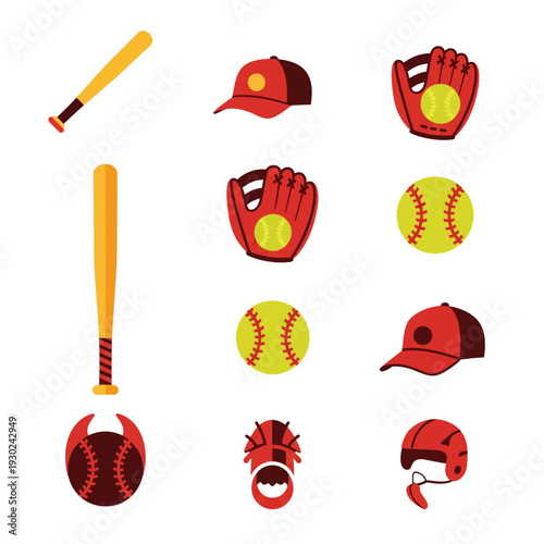 Collection of Baseball and Softball Equipment Icons.