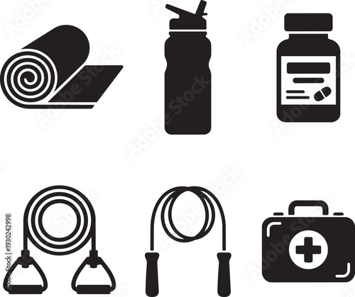 Health and Wellness Fitness Essentials Silhouette Icon Set Vector Illustration