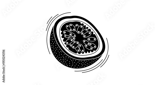 Half Passion Fruit Cut Open, Black and White Illustration, Tropical Fruit Slice