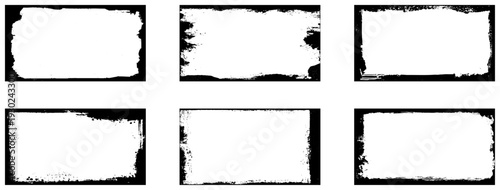 Grunge frames set templates. Ink paint border with rough edges for poster and banner. Retro textured overlays. Rectangular old black abstract flyer backgrounds.
