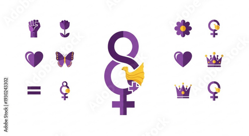 Purple feminist symbols with crowns hearts and flowers on white background representing women's rights and empowerment