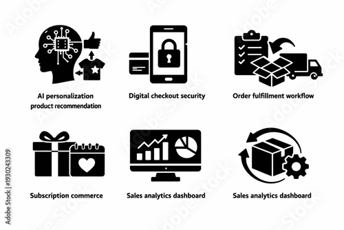 E-commerce workflow and security icons for sales analytics and personalization