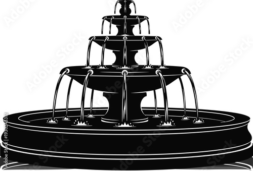 Black and white silhouette of a tiered classical garden fountain with flowing water splashes for architectural landscape design and decorative icons.