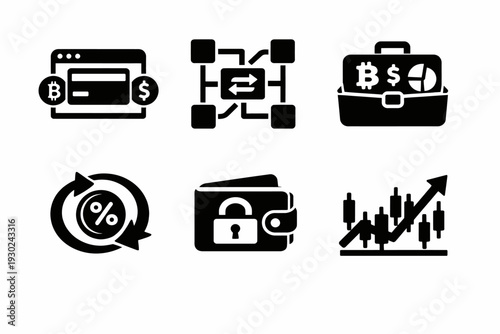 Cryptocurrency icons: wallet, blockchain, exchange, bitcoin, trading graphs