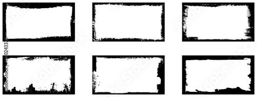 Grunge frames set templates. Ink paint border with rough edges for poster and banner. Retro textured overlays. Rectangular old black abstract flyer backgrounds.