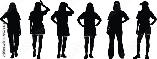 Group of young women standing in various poses vector silhouettes isolated on white background casual female figures for fashion and lifestyle design