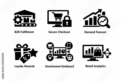 E-commerce icons: b2b fulfillment, secure checkout, demand forecast, loyalty rewards, omnichannel dashboard