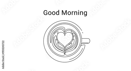 Good Morning Coffee Art Heart Shape Latte Top View Minimalist Line Drawing
