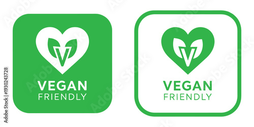 Vegan friendly labels with green heart and leaf symbol