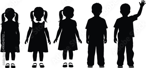 Black children silhouettes set featuring young girls in dresses and boys standing, including a waving pose, isolated vector for family designs,