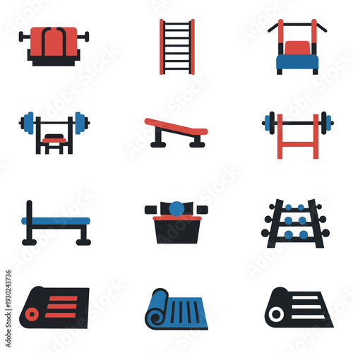 Collection of Gym Equipment Icons for Fitness and Workout Illustrations.
